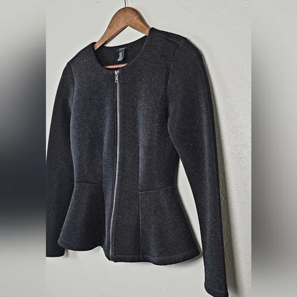Forever 21 Dressy Black Shimmer Peplum Hem Scuba Sparkle Jacket - Size Medium - Picture 3 of 12
